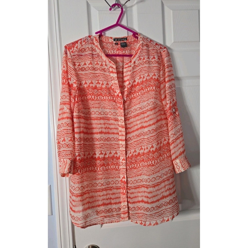 S/I Studio Womans 3/4 Sleeve Blouse Beige & Orange Size Medium Button Down.